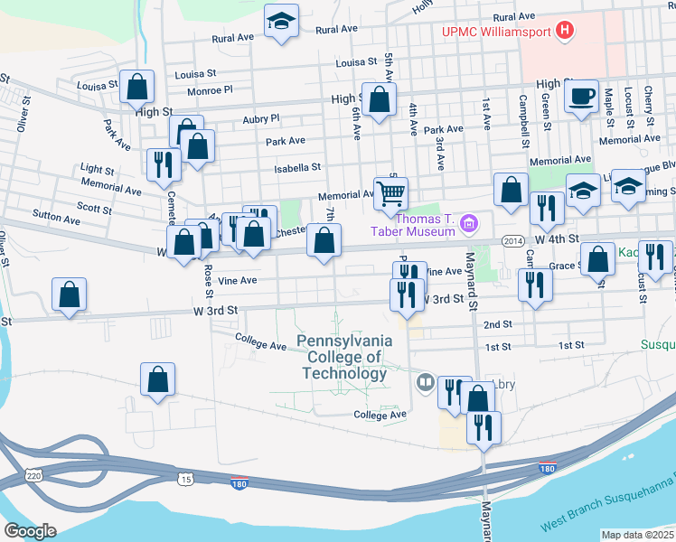 map of restaurants, bars, coffee shops, grocery stores, and more near 1100 Hadley Street in Williamsport