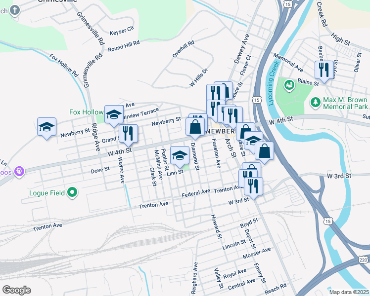 map of restaurants, bars, coffee shops, grocery stores, and more near 838 Huckleberry Alley in Williamsport