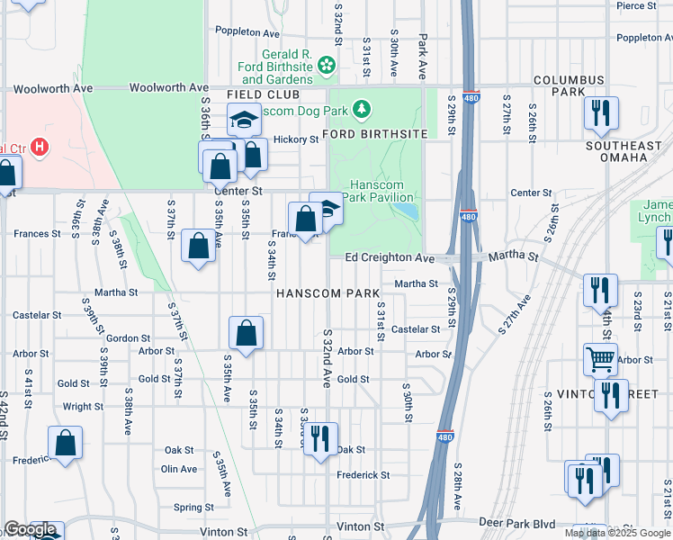 map of restaurants, bars, coffee shops, grocery stores, and more near 2230 Hanscom Boulevard in Omaha