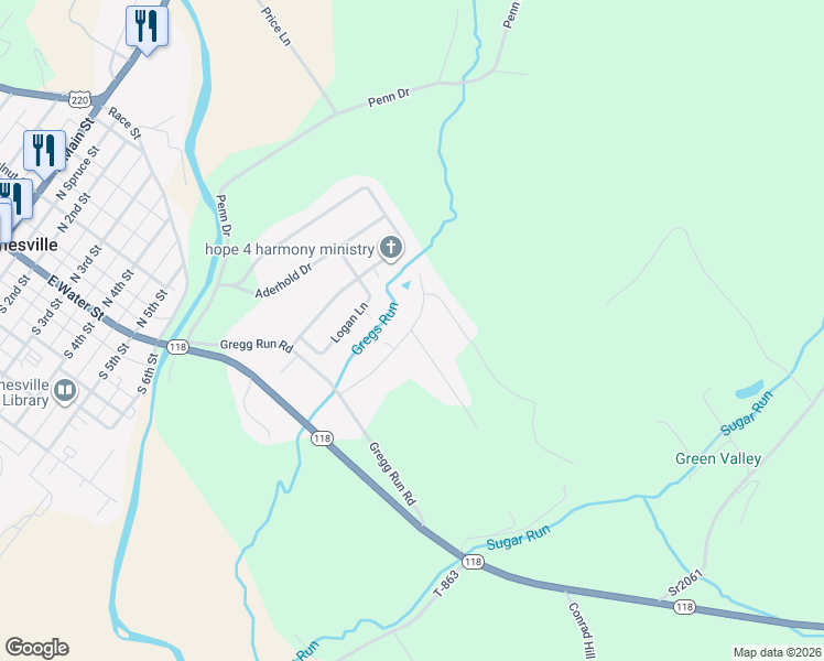 map of restaurants, bars, coffee shops, grocery stores, and more near 1 Strawberry Lane in Hughesville