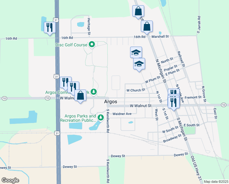 map of restaurants, bars, coffee shops, grocery stores, and more near 401-441 Indiana Ave in Argos