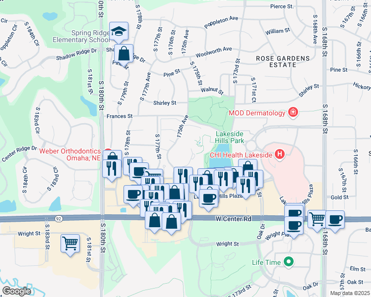map of restaurants, bars, coffee shops, grocery stores, and more near 17600 Arbor Street in Omaha