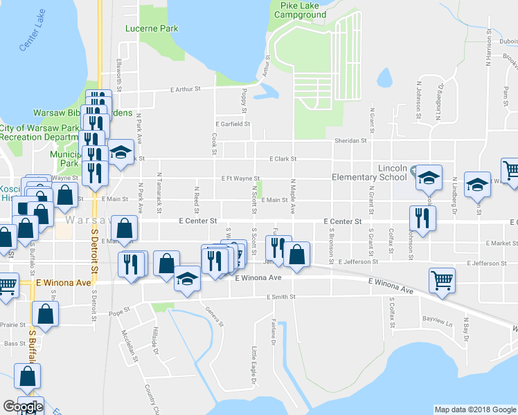 map of restaurants, bars, coffee shops, grocery stores, and more near 120 North Scott Street in Warsaw