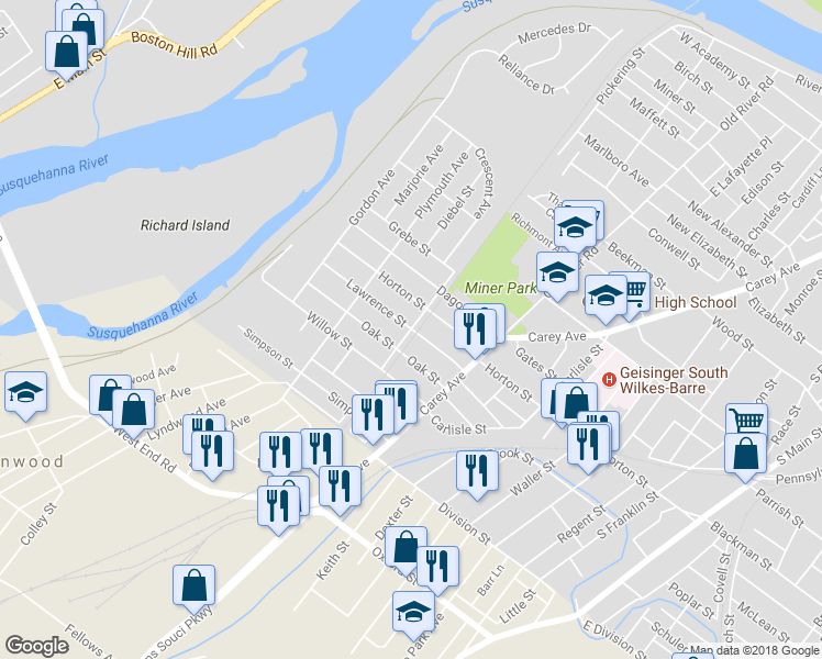 map of restaurants, bars, coffee shops, grocery stores, and more near Lawrence Street in Wilkes-Barre