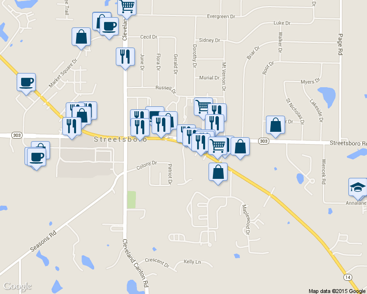 map of restaurants, bars, coffee shops, grocery stores, and more near 10 Ranch Road in Streetsboro