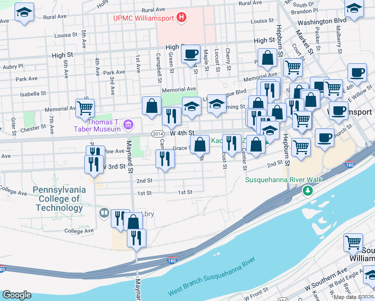 map of restaurants, bars, coffee shops, grocery stores, and more near 729 Grace Street in Williamsport