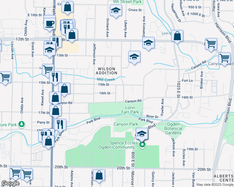 map of restaurants, bars, coffee shops, grocery stores, and more near 710 Canyon Road in Ogden