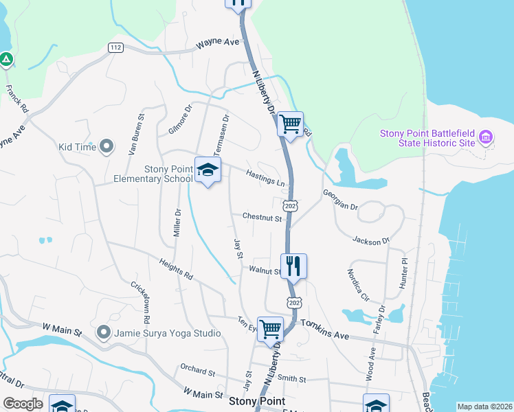 map of restaurants, bars, coffee shops, grocery stores, and more near 28 Chestnut Street in Stony Point