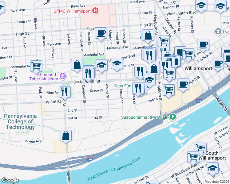 map of restaurants, bars, coffee shops, grocery stores, and more near 600-698 W 3rd St in Williamsport