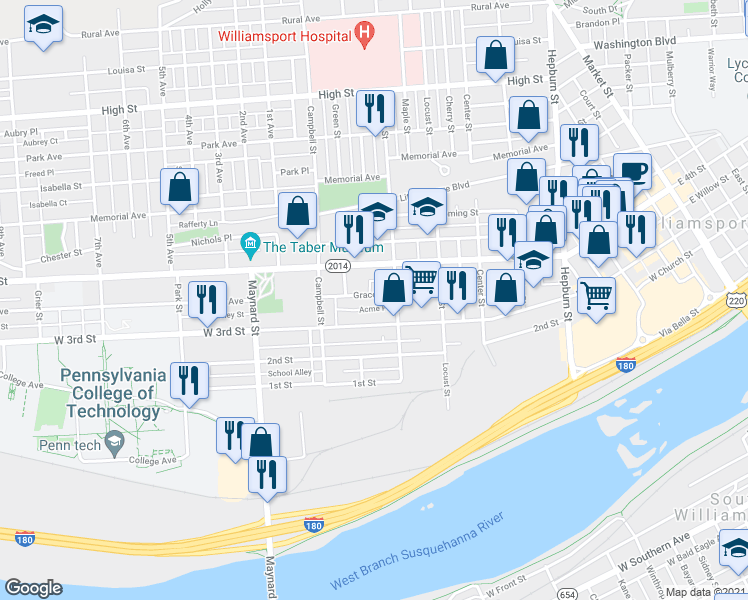 map of restaurants, bars, coffee shops, grocery stores, and more near 712 West 3rd Street in Williamsport