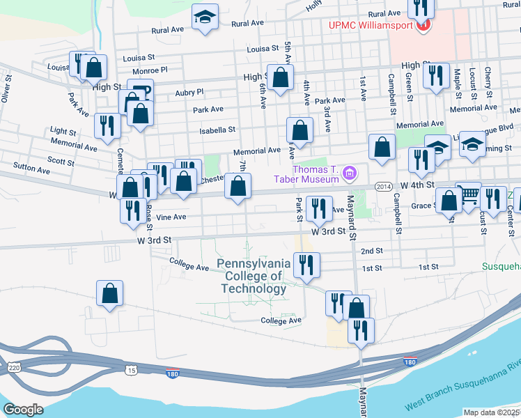 map of restaurants, bars, coffee shops, grocery stores, and more near 1034 West 3rd Street in Williamsport