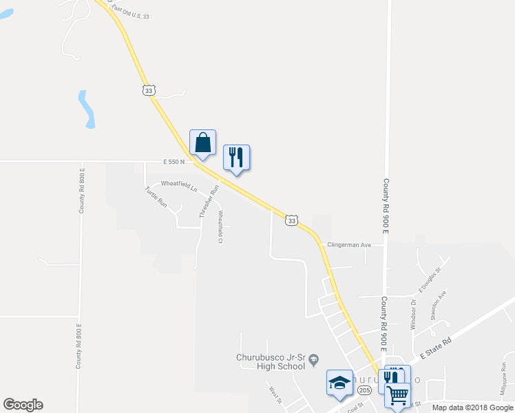 map of restaurants, bars, coffee shops, grocery stores, and more near 8580 U.S. 33 in Churubusco