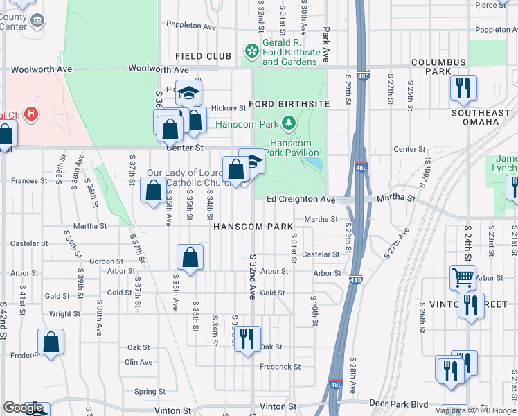 map of restaurants, bars, coffee shops, grocery stores, and more near 2230 Hanscom Boulevard in Omaha