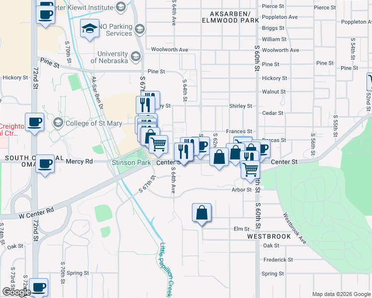 map of restaurants, bars, coffee shops, grocery stores, and more near 2225 South 64th Avenue in Omaha