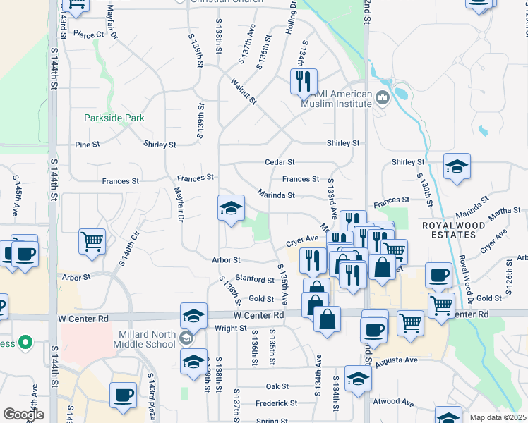 map of restaurants, bars, coffee shops, grocery stores, and more near 2304 1/2 South 135th Avenue in Omaha