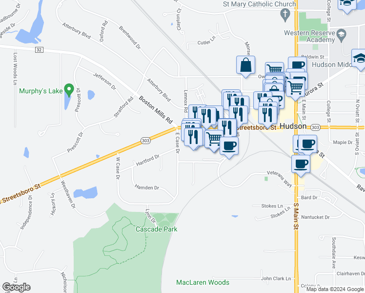 map of restaurants, bars, coffee shops, grocery stores, and more near 31 East Case Drive in Hudson