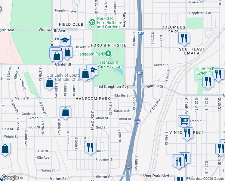 map of restaurants, bars, coffee shops, grocery stores, and more near 2230 South 31st Street in Omaha