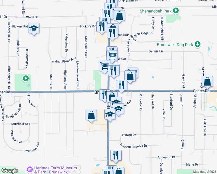 map of restaurants, bars, coffee shops, grocery stores, and more near 1380 Pearl Road in Brunswick