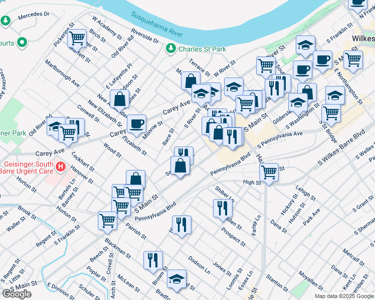 map of restaurants, bars, coffee shops, grocery stores, and more near 496 South Franklin Street in Wilkes-Barre