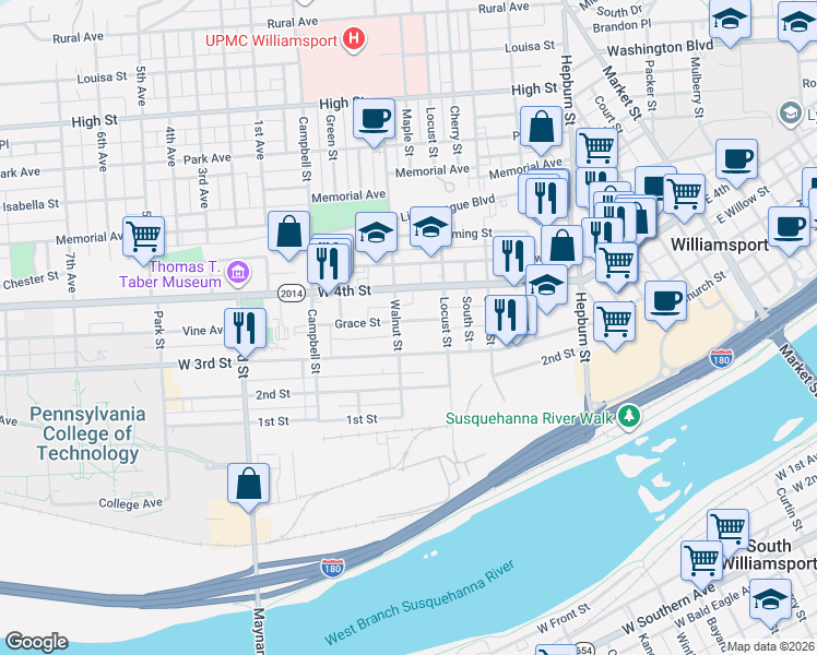 map of restaurants, bars, coffee shops, grocery stores, and more near 600-698 W 3rd St in Williamsport