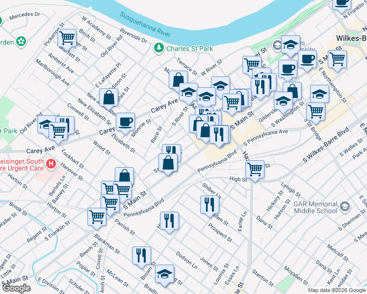 map of restaurants, bars, coffee shops, grocery stores, and more near 493 South Main Street in Wilkes-Barre