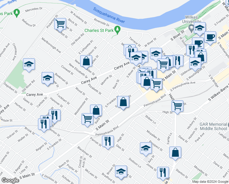 map of restaurants, bars, coffee shops, grocery stores, and more near 5 Elk Lane in Wilkes-Barre Township