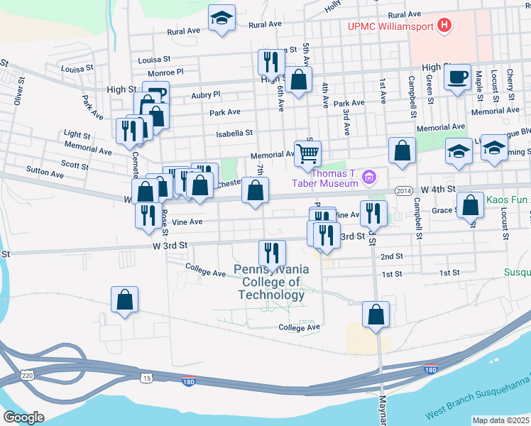 map of restaurants, bars, coffee shops, grocery stores, and more near in Williamsport