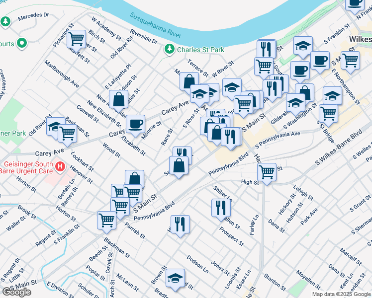 map of restaurants, bars, coffee shops, grocery stores, and more near 496 South Franklin Street in Wilkes-Barre