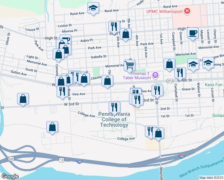 map of restaurants, bars, coffee shops, grocery stores, and more near in Williamsport