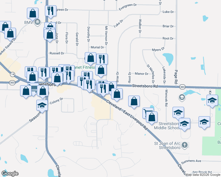 map of restaurants, bars, coffee shops, grocery stores, and more near 9010 Portage Pointe Drive in Streetsboro
