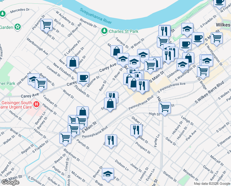 map of restaurants, bars, coffee shops, grocery stores, and more near 475 South Franklin Street in Wilkes-Barre