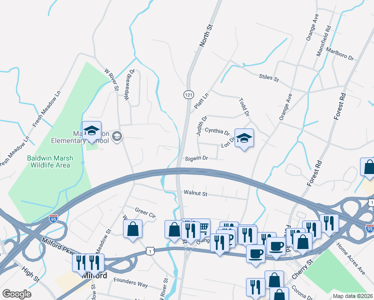 map of restaurants, bars, coffee shops, grocery stores, and more near 353 North Street in Milford