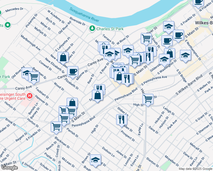 map of restaurants, bars, coffee shops, grocery stores, and more near 475 South Franklin Street in Wilkes-Barre