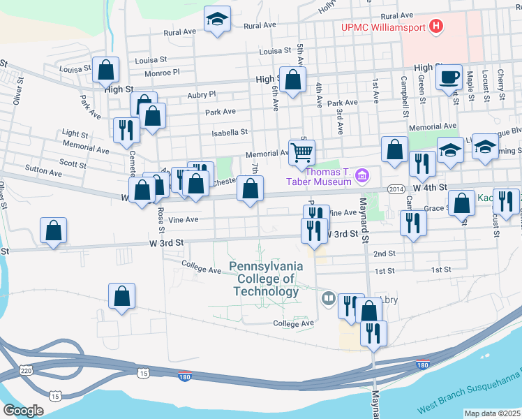 map of restaurants, bars, coffee shops, grocery stores, and more near in Williamsport