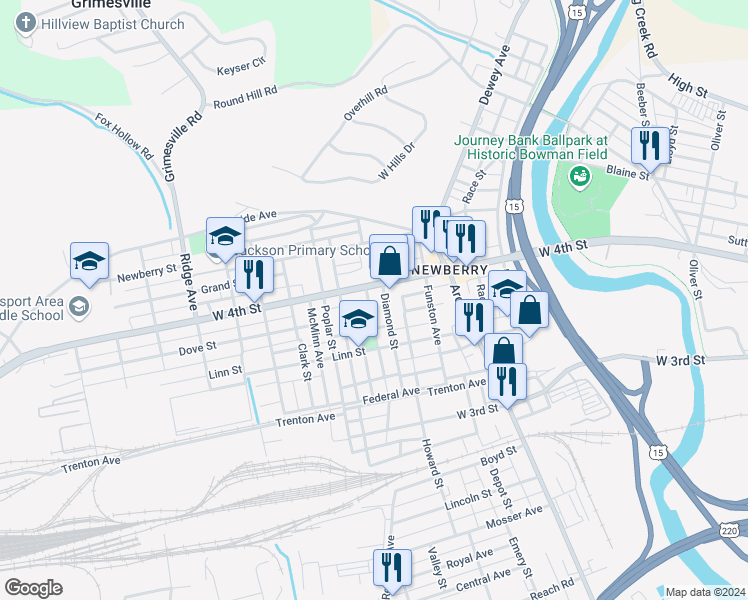 map of restaurants, bars, coffee shops, grocery stores, and more near 2214 West 4th Street in Williamsport