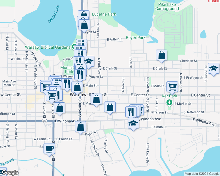 map of restaurants, bars, coffee shops, grocery stores, and more near 711 East Main Street in Warsaw