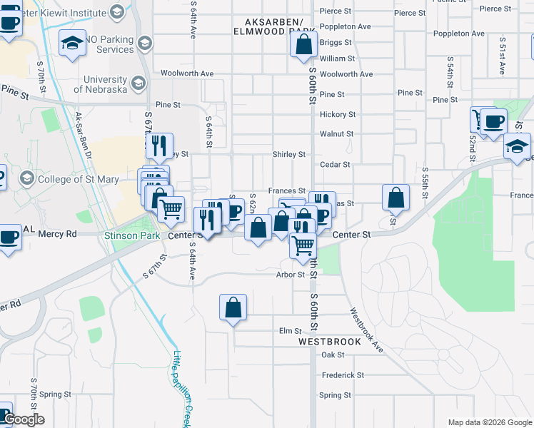 map of restaurants, bars, coffee shops, grocery stores, and more near 2108 South 61st Avenue in Omaha