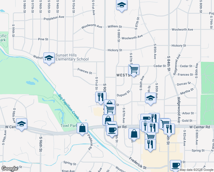 map of restaurants, bars, coffee shops, grocery stores, and more near 2105 South 90th Street in Omaha