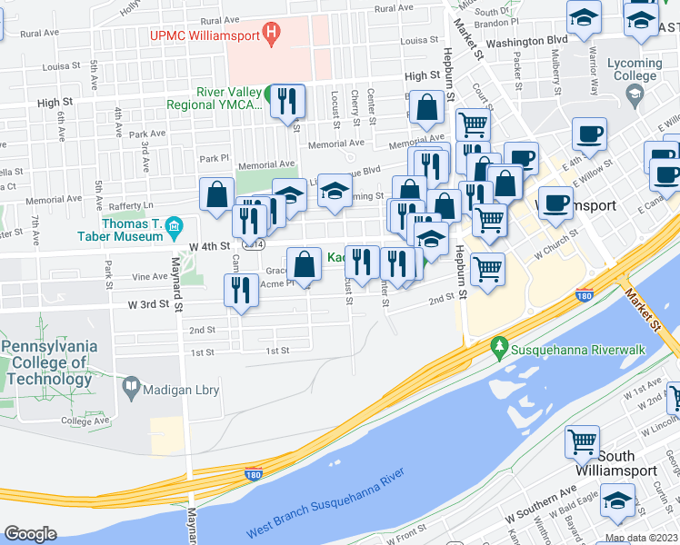 map of restaurants, bars, coffee shops, grocery stores, and more near 605 Grace Street in Williamsport