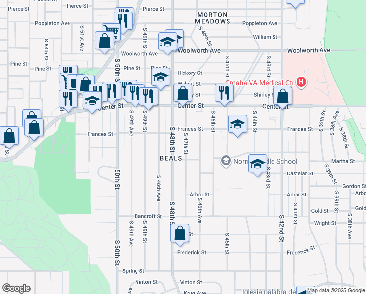 map of restaurants, bars, coffee shops, grocery stores, and more near 2113 South 48th Street in Omaha