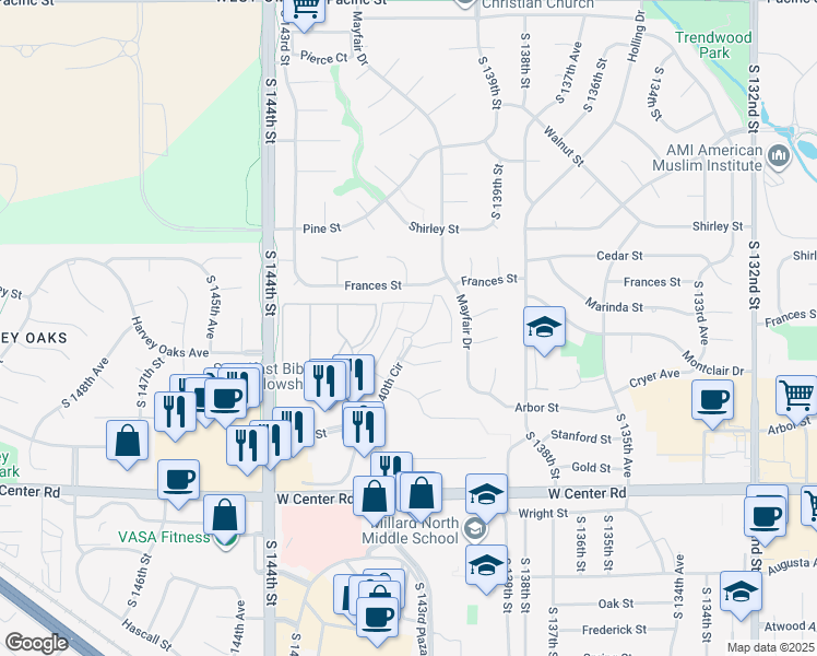 map of restaurants, bars, coffee shops, grocery stores, and more near 14021 Marinda Plaza in Omaha