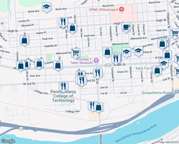 map of restaurants, bars, coffee shops, grocery stores, and more near 930 Vine Avenue in Williamsport