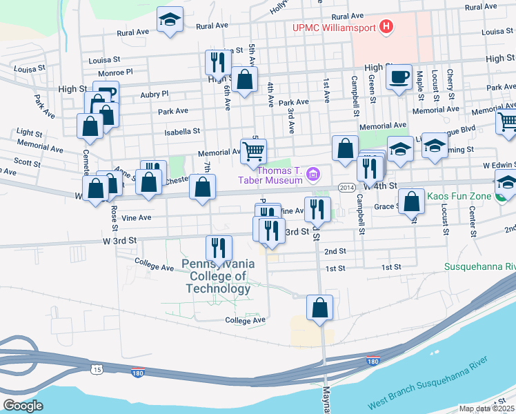 map of restaurants, bars, coffee shops, grocery stores, and more near 1006 Vine Avenue in Williamsport