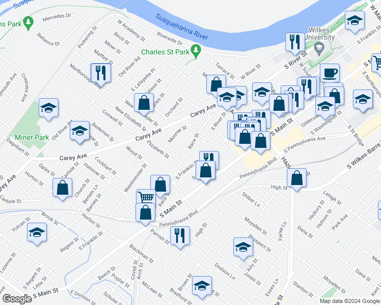 map of restaurants, bars, coffee shops, grocery stores, and more near 5 Elk Lane in Wilkes-Barre Township
