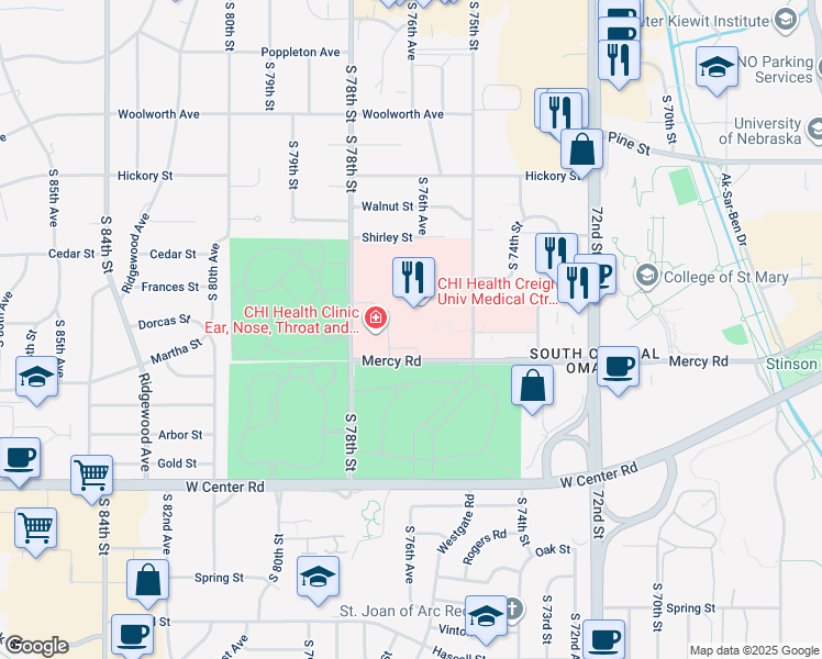 map of restaurants, bars, coffee shops, grocery stores, and more near 7710 Mercy Road in Omaha