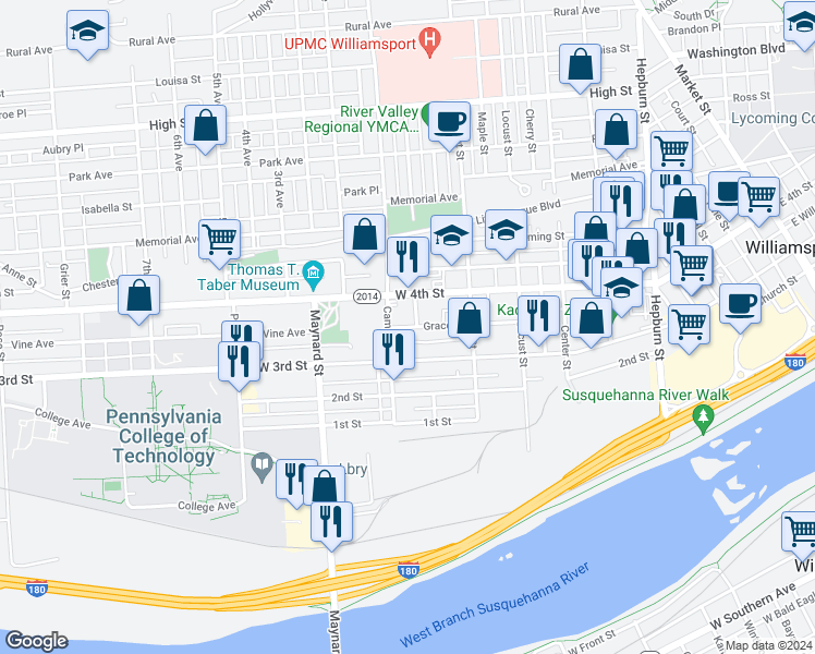 map of restaurants, bars, coffee shops, grocery stores, and more near 760 Grace Street in Williamsport