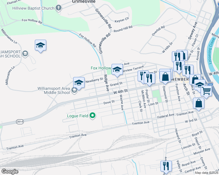 map of restaurants, bars, coffee shops, grocery stores, and more near 975-977 Oliver Avenue in Williamsport