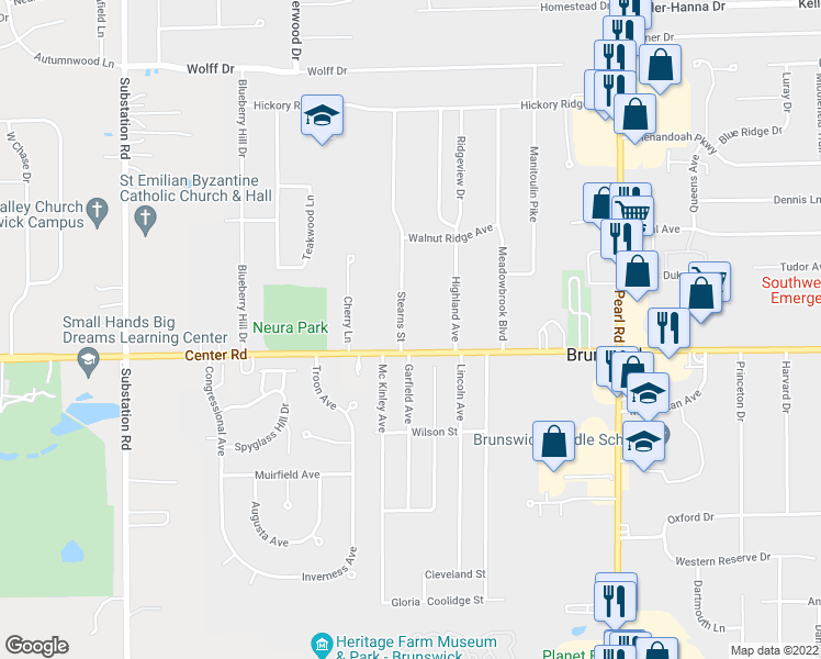 map of restaurants, bars, coffee shops, grocery stores, and more near 1339 Stearns Street in Brunswick