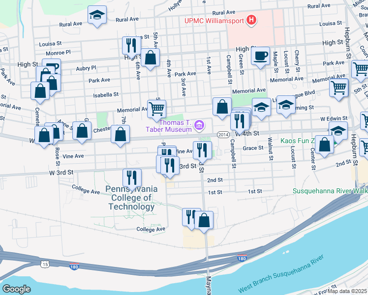 map of restaurants, bars, coffee shops, grocery stores, and more near 932 Vine Avenue in Williamsport