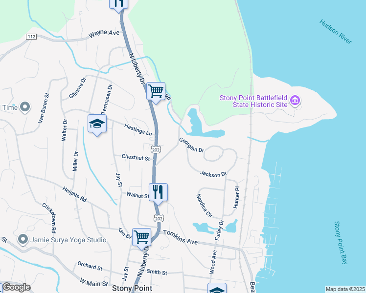 map of restaurants, bars, coffee shops, grocery stores, and more near 13 Georgian Drive in Stony Point